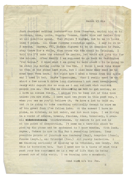 Hunter Thompson Letter Signed -- ''...I am living in a world of cracks, breaks, fizzles, lies, treachery, & overall thirdrateness...''